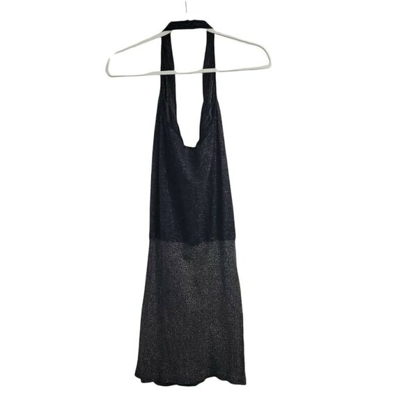 BEBE Mini Dress Medium Large Black Metallic Halter Open Back Stretch Party Sexy - Picture 5 of 9